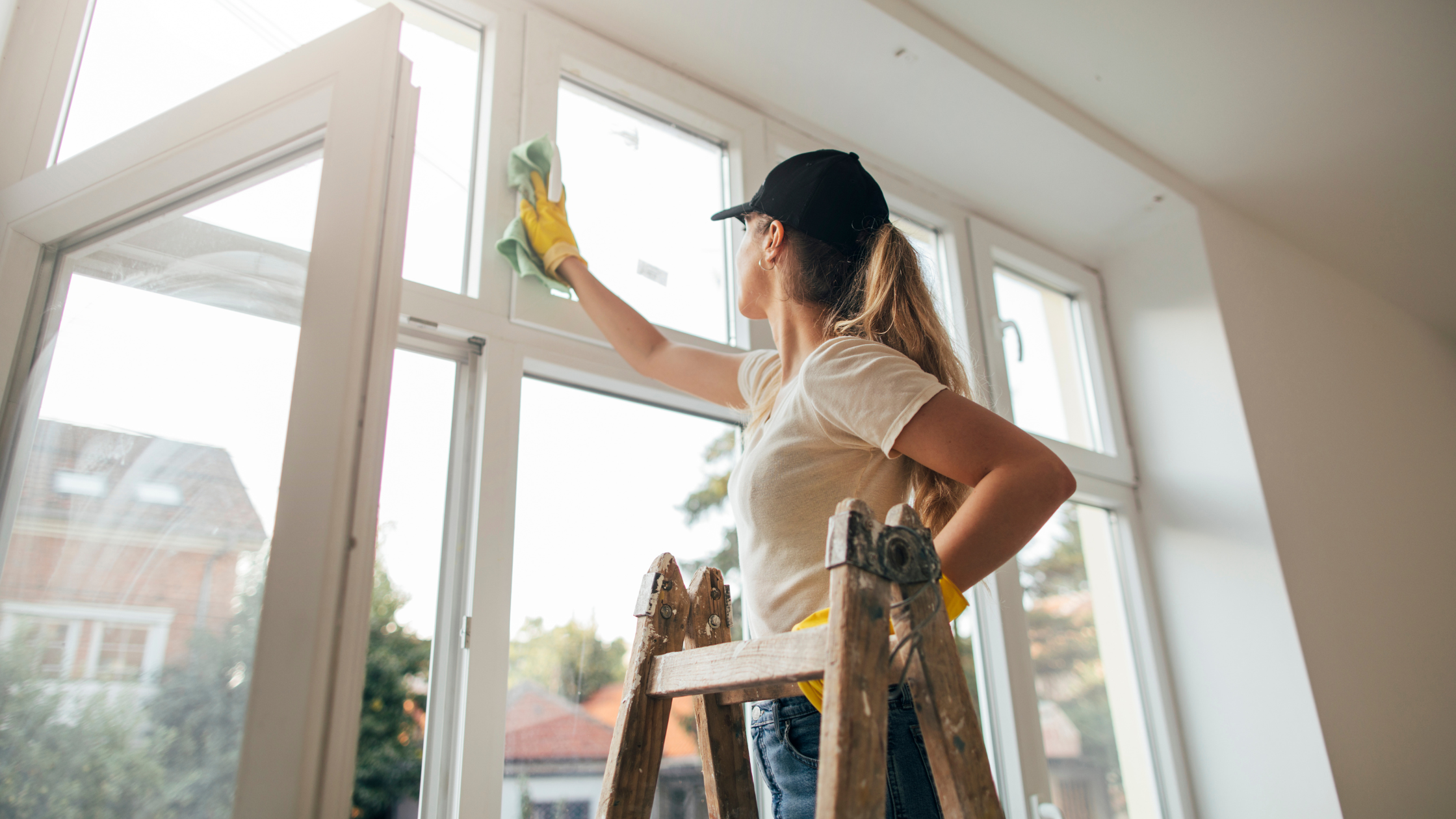 Cleaning the windows of a bright apartment