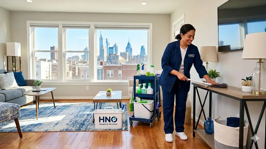 HNO cleaner working in a Philadelphia apartment with a skyline view