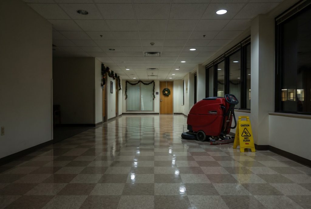 Freshly buffed commercial floor during a holiday closure in Philadelphia
