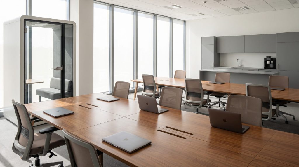 Empty modern coworking space with shared desks, a phone booth, and a small kitchenette