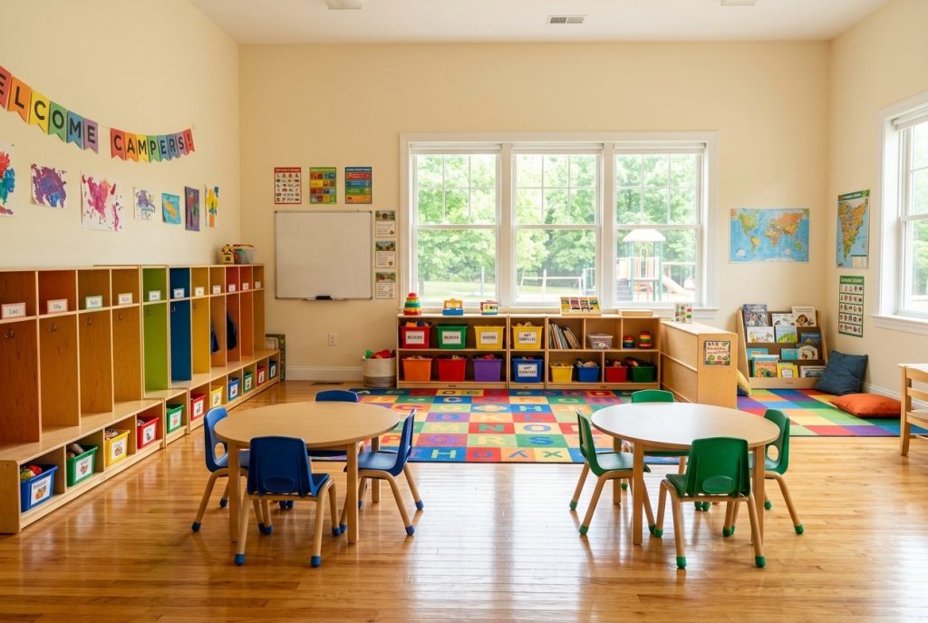 Bright, freshly cleaned daycare and summer camp classroom with cubbies and toy storage