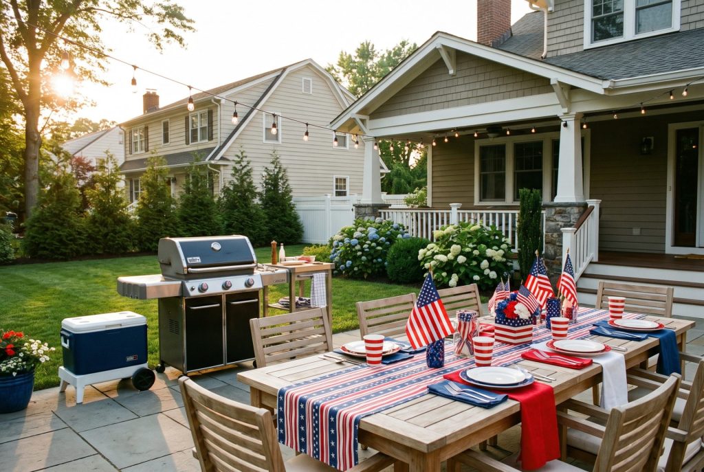 Spotless backyard patio set up for a Fourth of July cookout in South Jersey