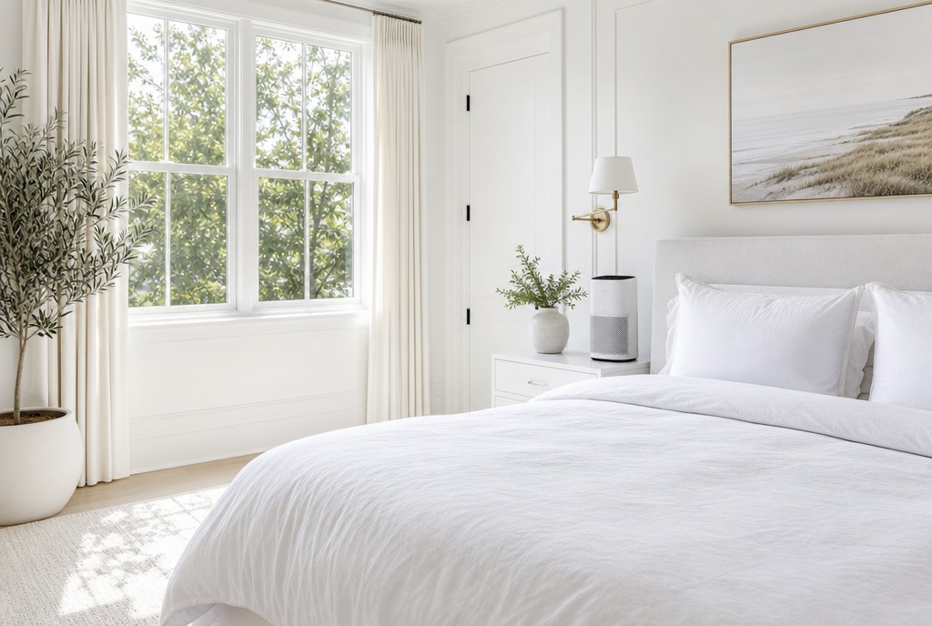 Clean bedroom with fresh white linens and an air purifier, set up for allergy sufferers