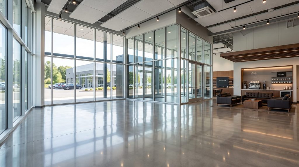 Clean, polished car dealership showroom floor and customer lounge maintained by a commercial cleaning service
