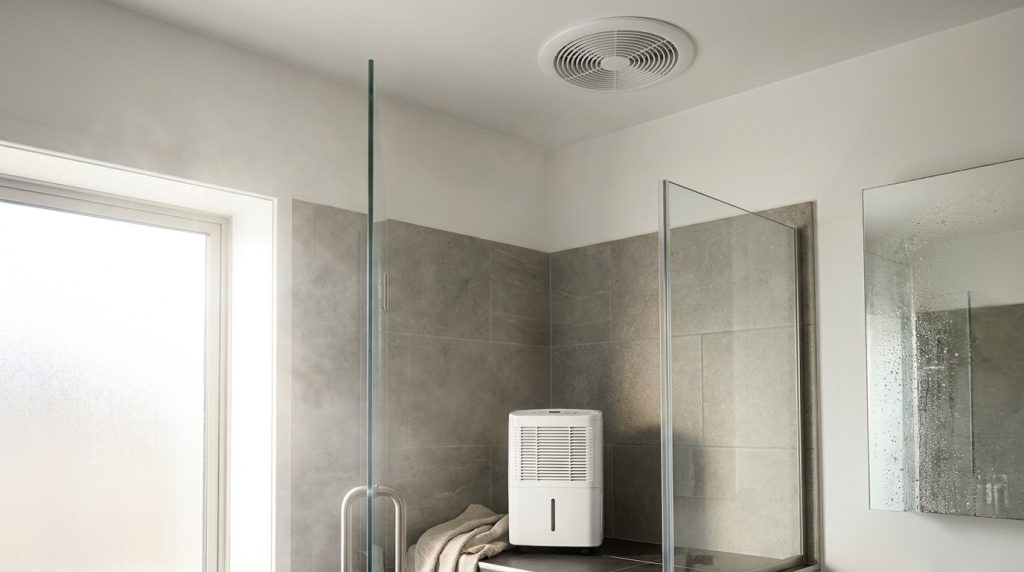 Bathroom shower corner with a dehumidifier and exhaust fan preventing mildew