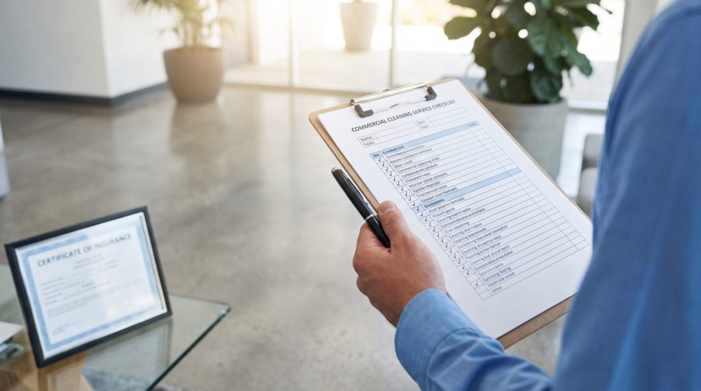 Hand holding a commercial cleaning service checklist next to a certificate of insurance in an office lobby