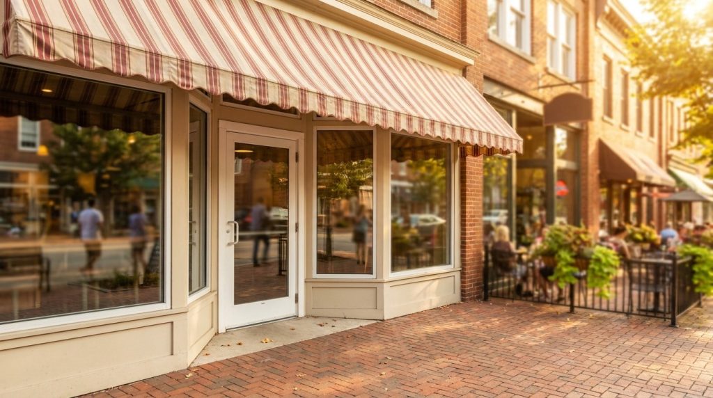 Small business storefront entrance on a college town main street