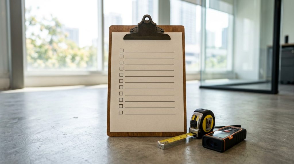 Clipboard, tape measure, and laser measuring tool on a commercial floor during a walkthrough