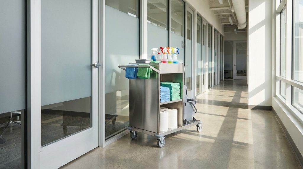 Janitorial cleaning cart with organized supplies in an office hallway