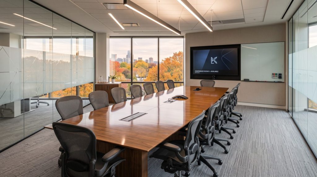 Spotless corporate conference room with polished table and chairs ready for fall meeting season