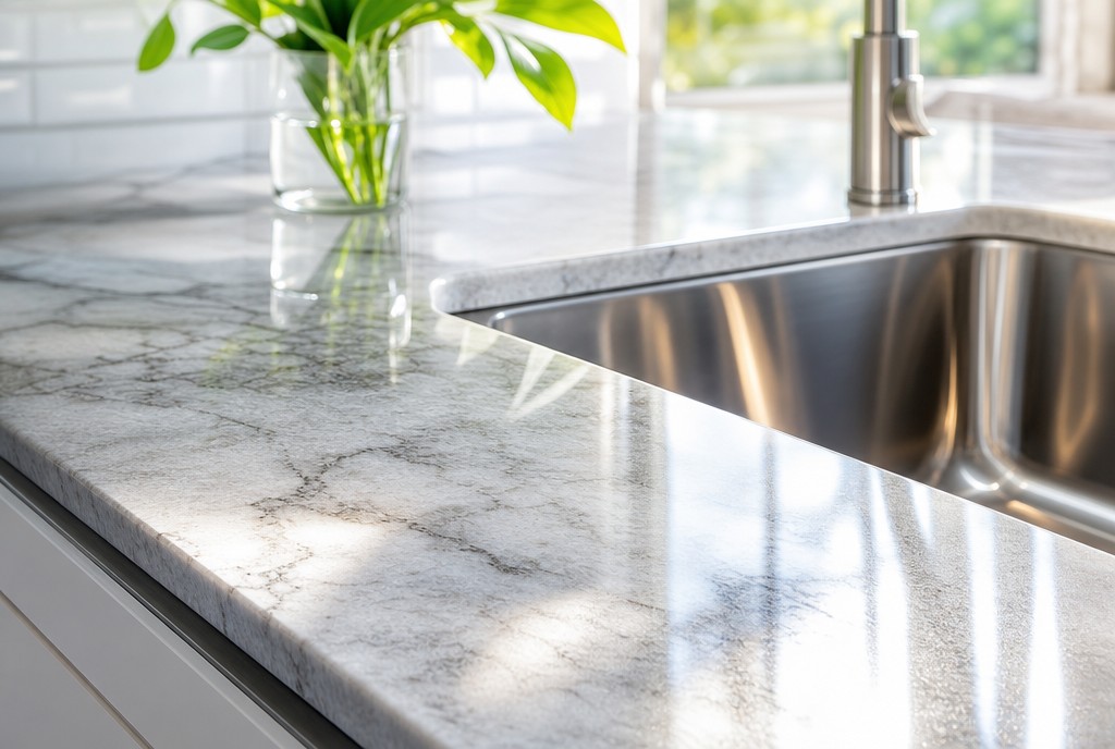 Sparkling kitchen counter and sink after a professional deep clean