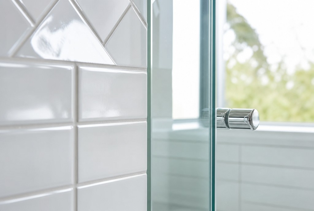 Close-up of gleaming white bathroom tile and spotless glass shower after deep cleaning