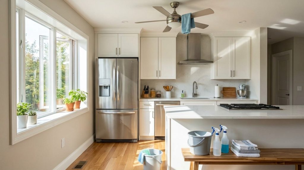 Freshly deep-cleaned kitchen with gleaming appliances and sunlight through an open window