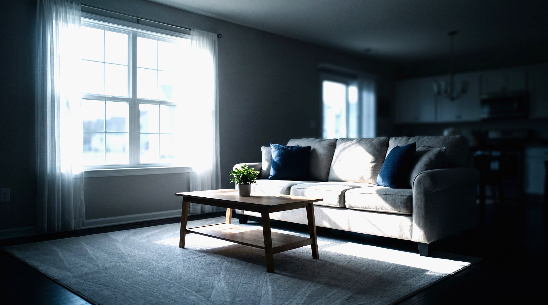 Sunlit, freshly cleaned living room in a South New Jersey home with closed windows during fall ragweed season