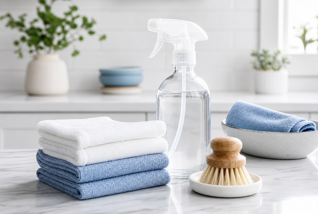 Cleaning supplies neatly arranged on a white kitchen counter