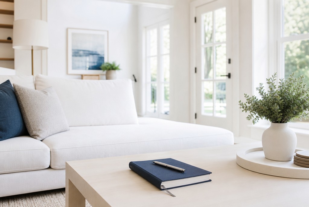 Tidy living room with a notebook on the coffee table, planning house cleaning costs