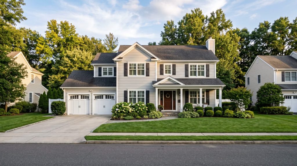 Tidy two-story suburban New Jersey home exterior representing house cleaning in Deptford, NJ