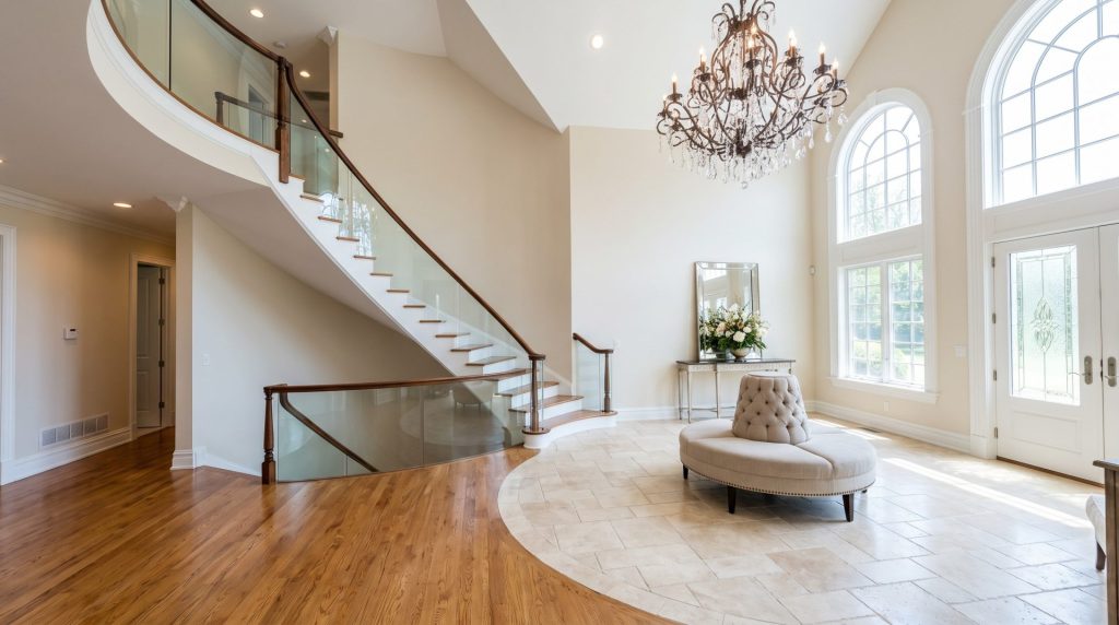 Bright two-story entryway of a large home in Marlton, New Jersey, professionally cleaned