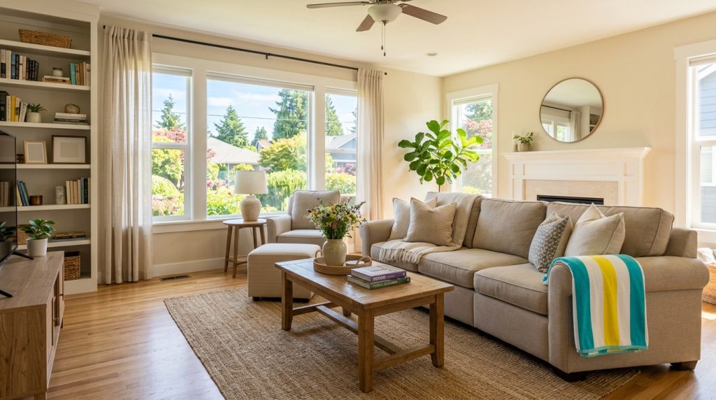 Bright freshly cleaned suburban living room with a folded pool towel on the sofa
