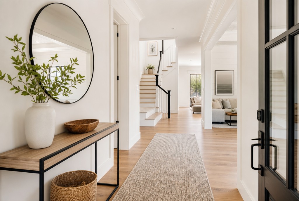 Bright, organized home entryway with spotless floors kept clean on a regular schedule