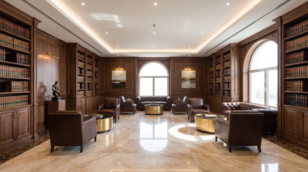 Upscale law firm reception area with polished floors and organized bookshelves after professional office cleaning