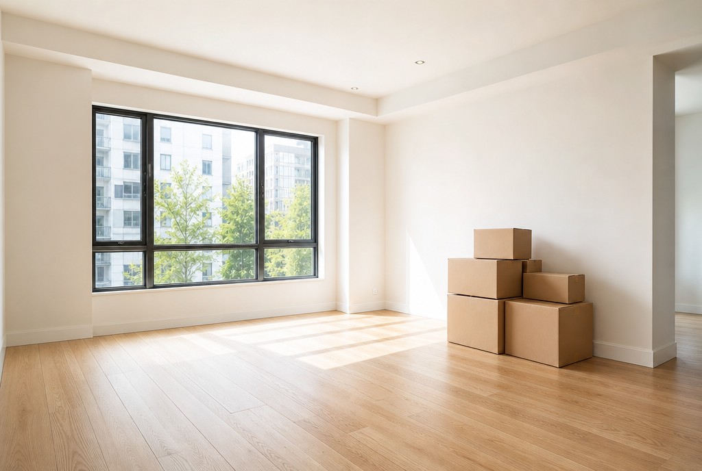 Empty bright apartment with moving boxes and spotless floors, ready for move-out cleaning