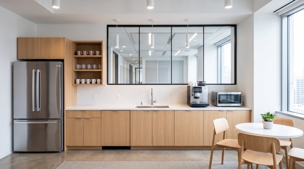 Clean, empty office break room with stainless appliances and a wiped-down counter, representing flu-season cleaning for South New Jersey workplaces