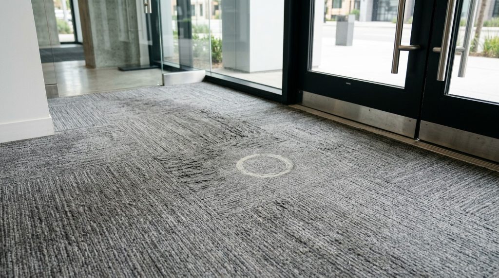 Office entrance carpet with a worn traffic lane and faint stain near a glass door