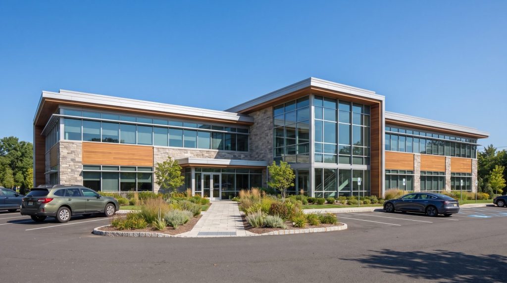 Exterior of a modern suburban office park building representing office cleaning in Mount Laurel and Marlton, NJ