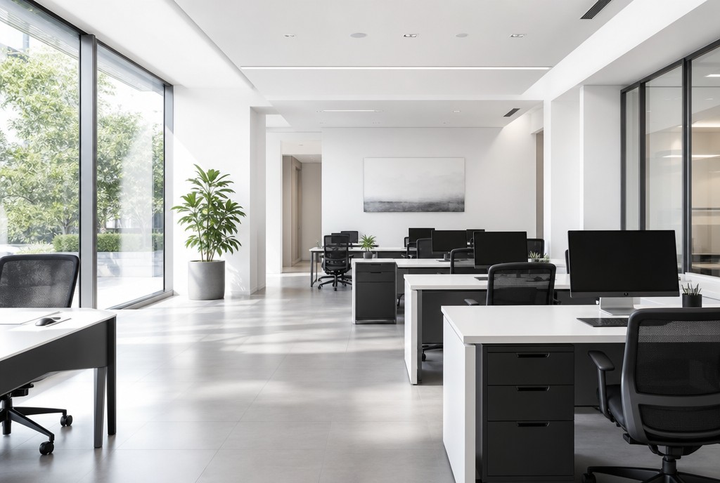 Clean, tidy small business office with spotless desks and floors