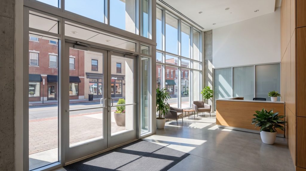 Clean modern lobby entrance of a commercial office building in downtown Trenton, NJ