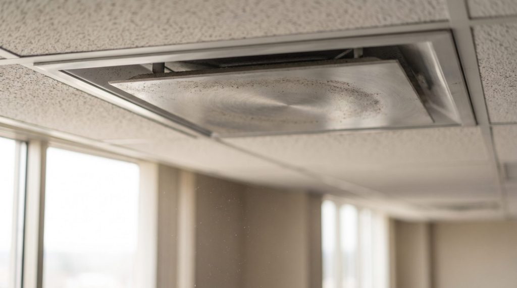 Dusty ceiling-mounted HVAC supply vent in an empty office after a summer of continuous air conditioning use
