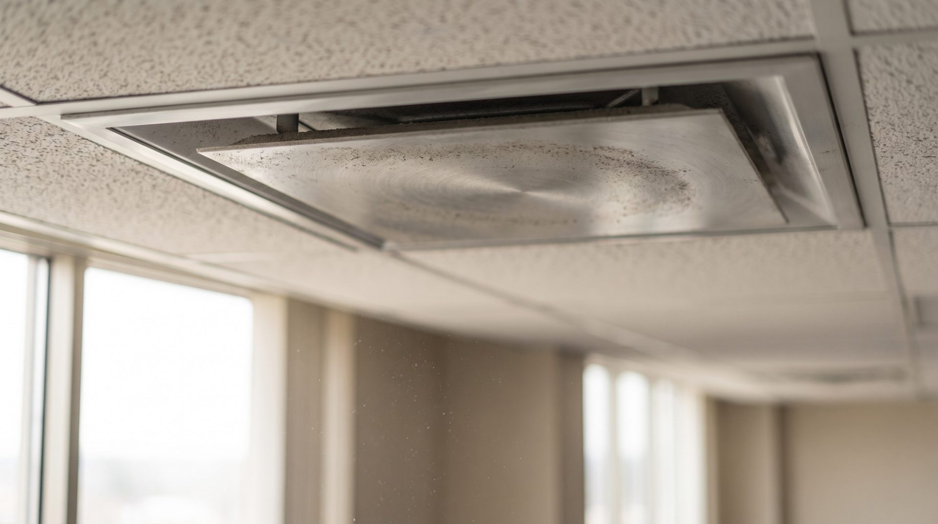 Dusty ceiling-mounted HVAC supply vent in an empty office after a summer of continuous air conditioning use