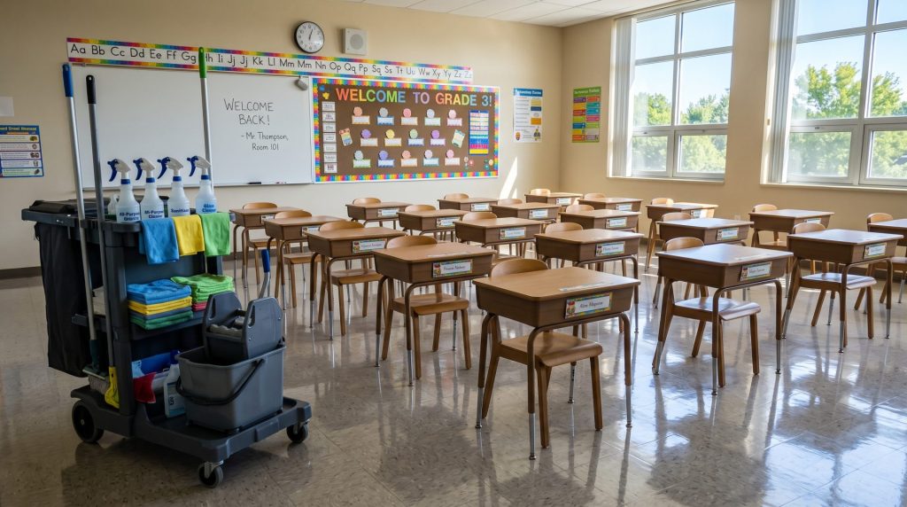 Empty elementary school classroom with cleaning cart ready for a professional deep clean before the first day of school in South Jersey