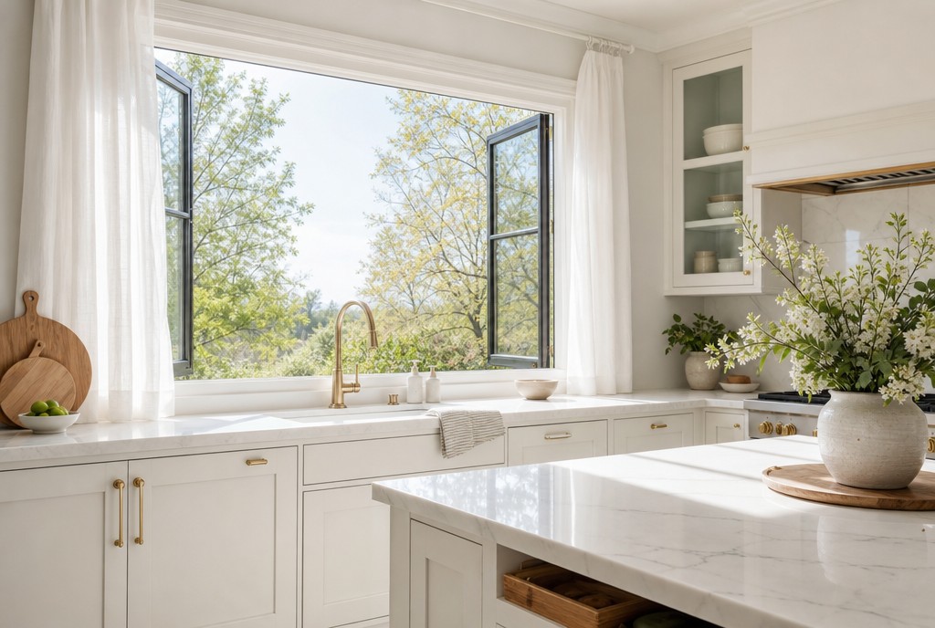 Bright kitchen with an open window and spotless counters during spring cleaning
