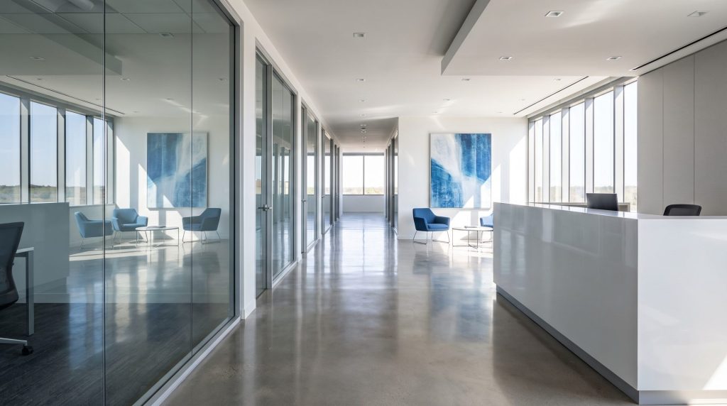 Empty modern office reception area, symbolizing a smooth transition between commercial cleaning companies