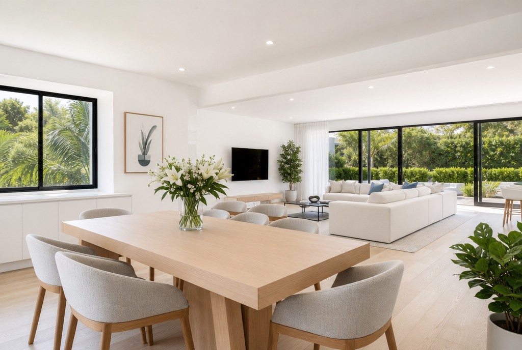 Bright open plan living and dining space, immaculately clean with fresh flowers
