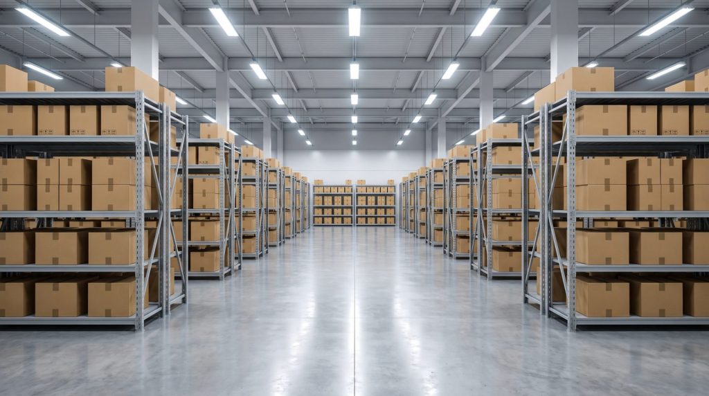 Interior of a clean organized warehouse and distribution center aisle, Burlington Township and Florence NJ