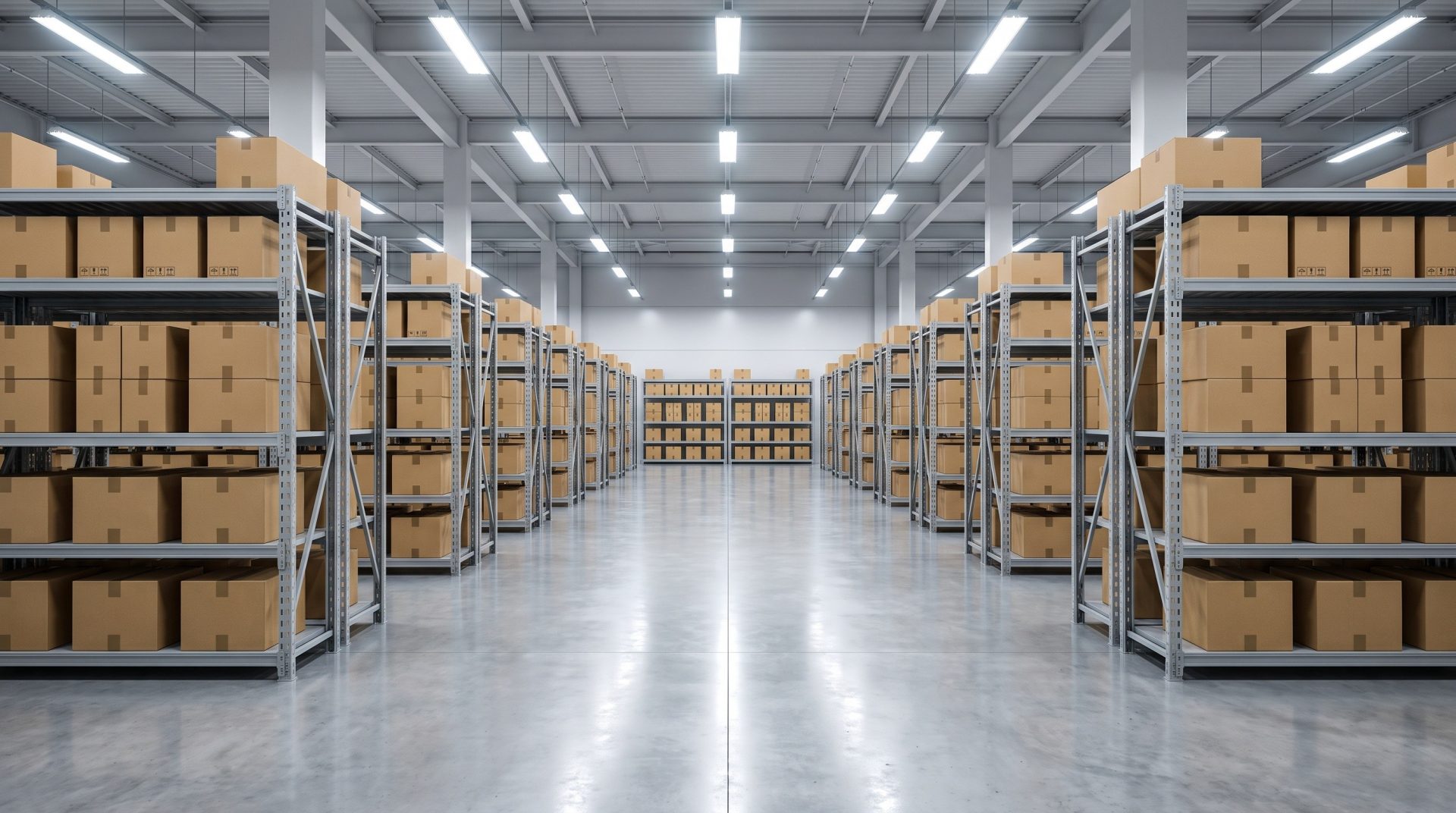 Interior of a clean organized warehouse and distribution center aisle, Burlington Township and Florence NJ