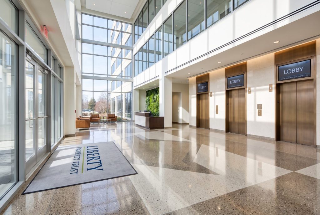 Clean multi-tenant office building lobby and elevator bank in South Jersey and Philadelphia PA
