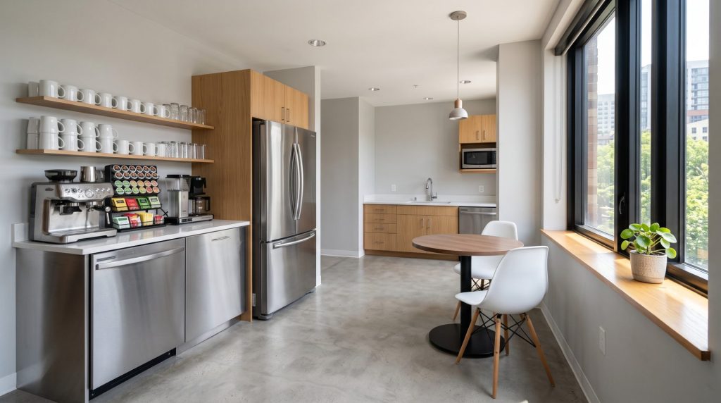 Clean modern office break room with stainless steel refrigerator and coffee station