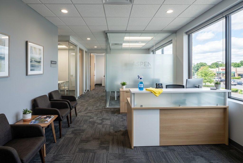 Small professional office suite reception area representing office cleaning in Cherry Hill, NJ
