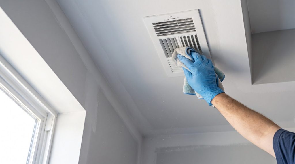 Gloved hand wiping construction dust from a ceiling air vent in a freshly renovated office