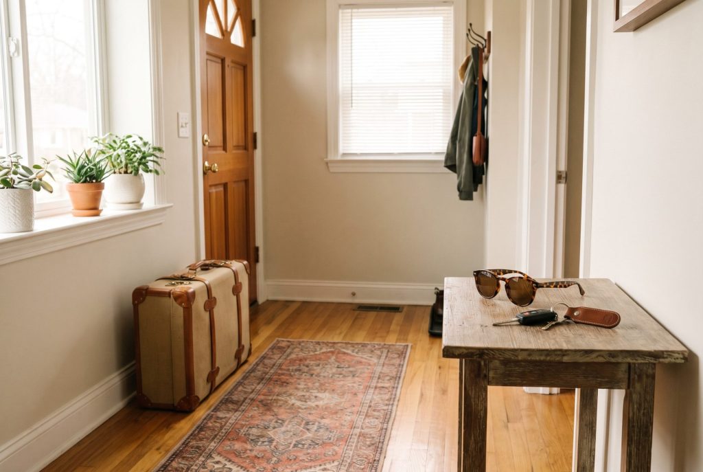 Tidy home entryway with a packed suitcase, representing the post-vacation home reset