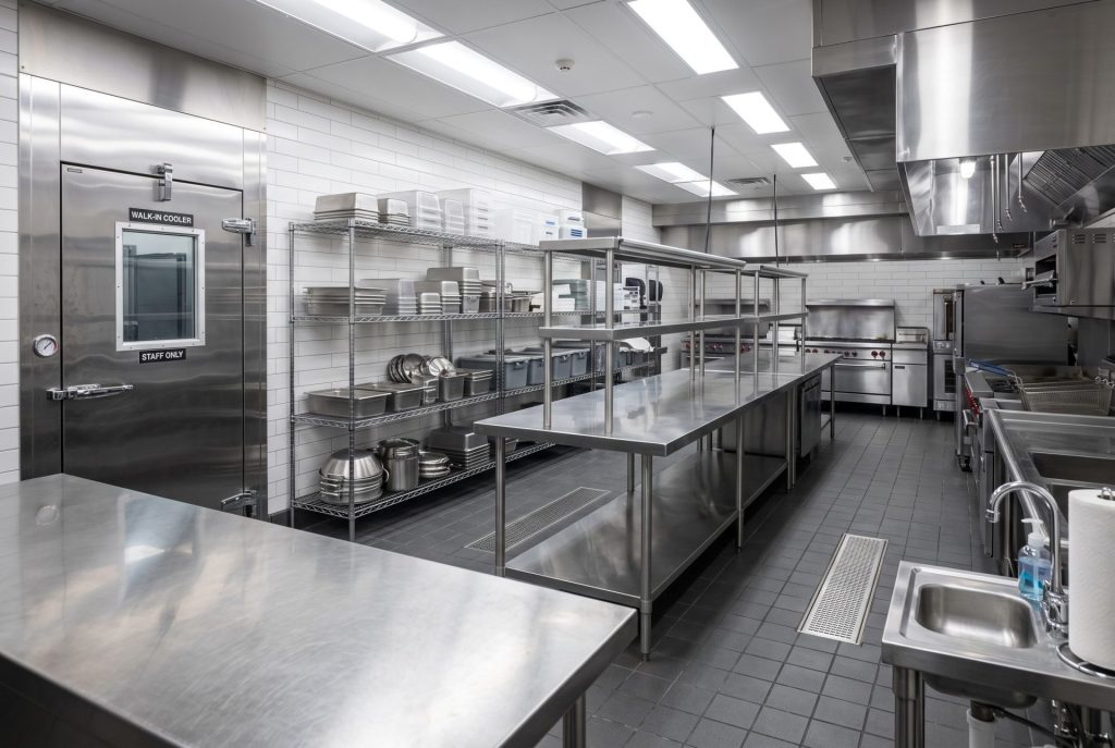 Spotless commercial restaurant back-of-house kitchen prep area
