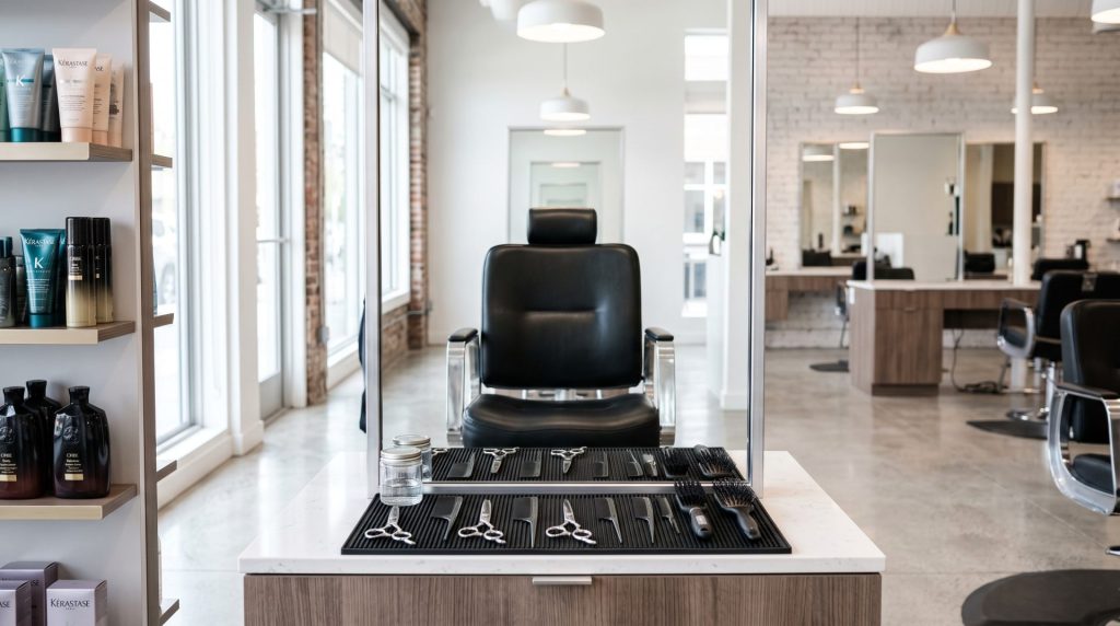 Clean modern hair salon with an empty styling chair and spotless mirror and counter