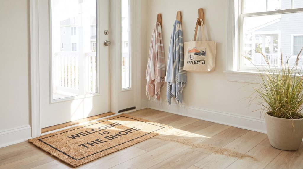 Bright home entryway with a doormat, hooks for beach towels, and a small trail of sand