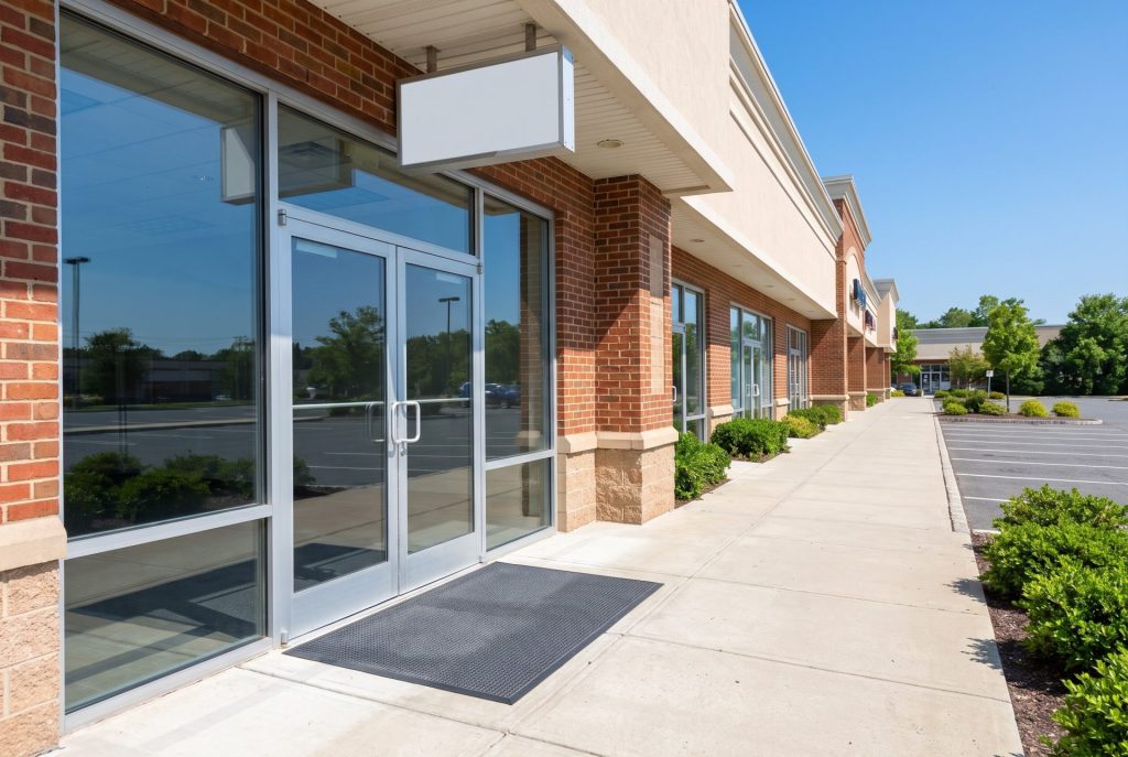Clean retail storefront entrance glass and sidewalk in a South Jersey strip center