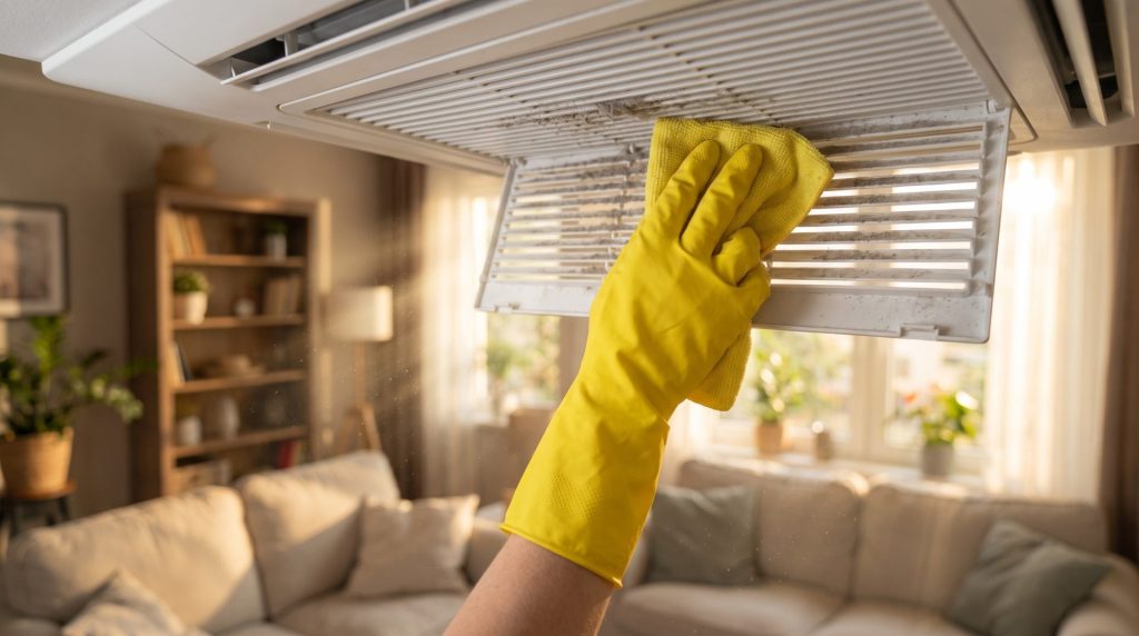 Hand in a yellow microfiber glove wiping dust off a white AC vent grille in a sunlit living room