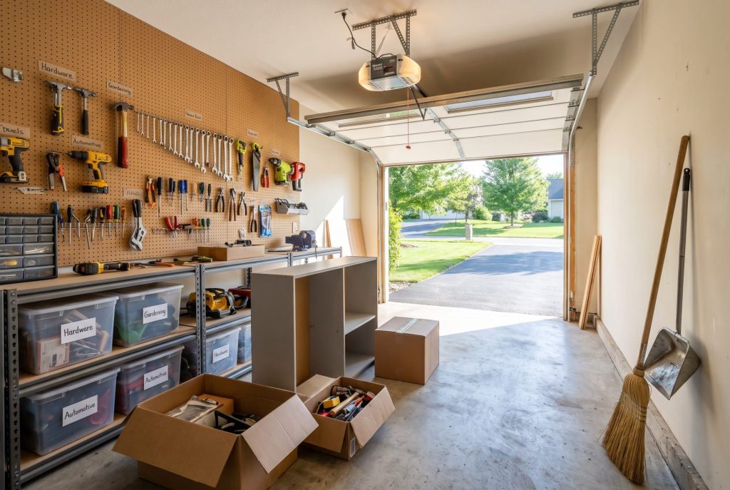 Organized garage with pegboard tools and labeled storage bins during a summer declutter project